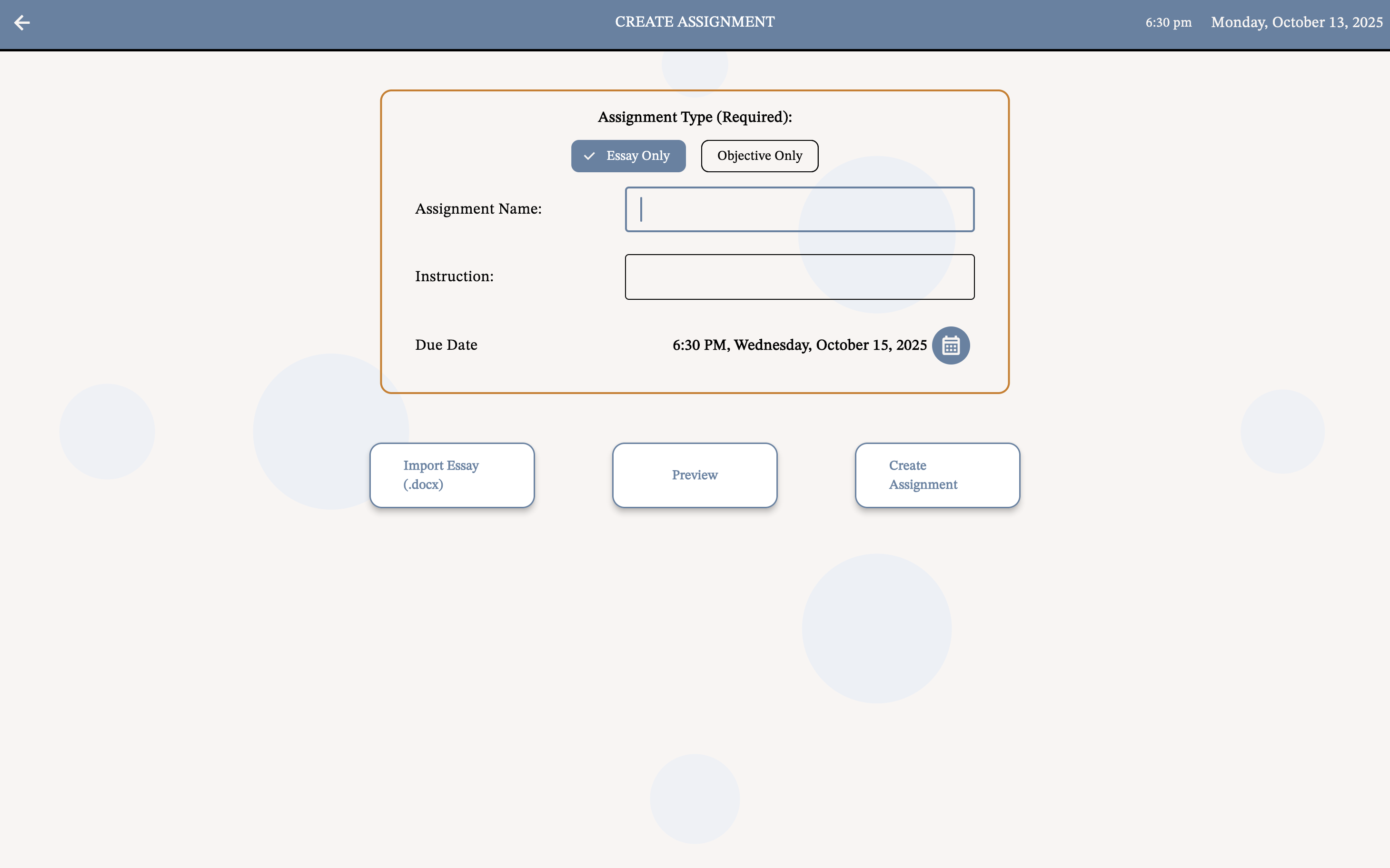 Create Assignment Page